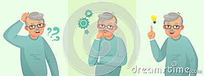 Grandfather thinking. Elderly man solved question, thoughtful senior male and confused old people vector cartoon concept Vector Illustration