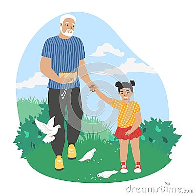 Grandfather walking with granddaughter feeding doves in park, vector illustration. Grandparent grandchild relationships. Vector Illustration