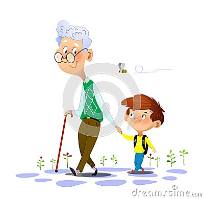 Grandfather walks with his grandson and talking to him Vector Illustration