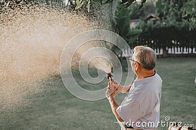 Grandfather water the plants in garden alone. Retirement age lifestyle at home Stock Photo