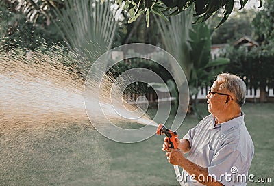 Grandfather water the plants in garden alone. Retirement age lifestyle on backyard Stock Photo