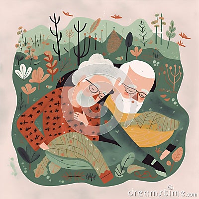 together woman man bed happy old adult asleep love married retired couple. Generative AI. Stock Photo