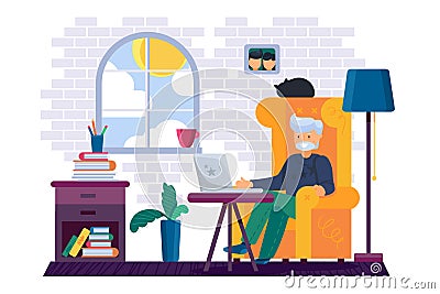 Grandfather working on computer at home vector Vector Illustration