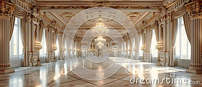 Grandiose Baroque Hall with Glistening Chandeliers and Majestic Elegance. Concept Baroque Decor, Stock Photo