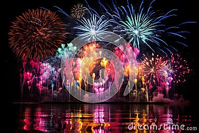 Grandiose fireworks, water in the foreground. Stock Photo