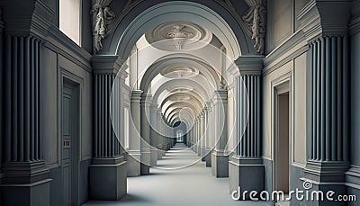 Grandiose long luxury corridor design featuring pillars, Generative AI Stock Photo