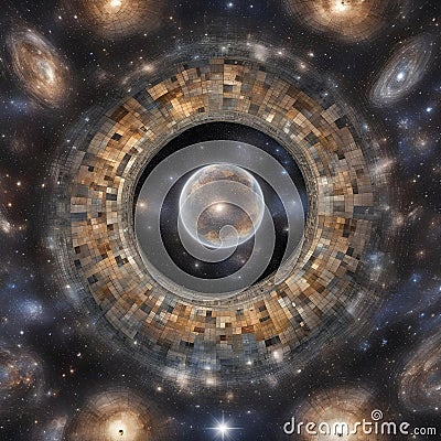A grandiose spaceship showcasing a mosaic of interstellar images, as if it were constructed from the very fabric of the universe i Cartoon Illustration