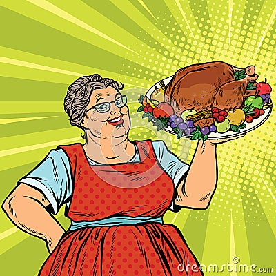 Grandma with a Christmas or Thanksgiving roast Turkey Vector Illustration