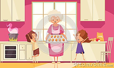 Grandma Cooking Background Cartoon Illustration