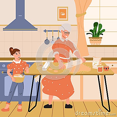 Grandma cooking with her granddaughter. Seniors with their family Vector Illustration