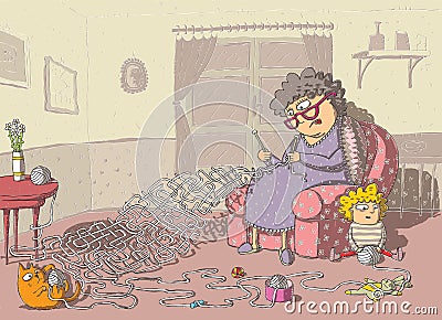 Grandma Crochet Maze Game Vector Illustration