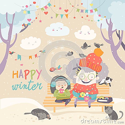 Grandma and granddaughter eating donuts in winter park Vector Illustration