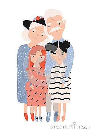 Grandma and grandpa embracing their granddaughters. Portrait of grandfather, grandmother and grandchildren. Funny Vector Illustration