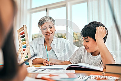 Grandma help, child math learning and home studying selfie in a family house with education and knowledge. Senior man Stock Photo