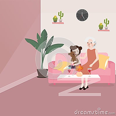 Grandma with her grand daughter sitting in sofa talking while playing teddy bear in living room telling story Vector Illustration