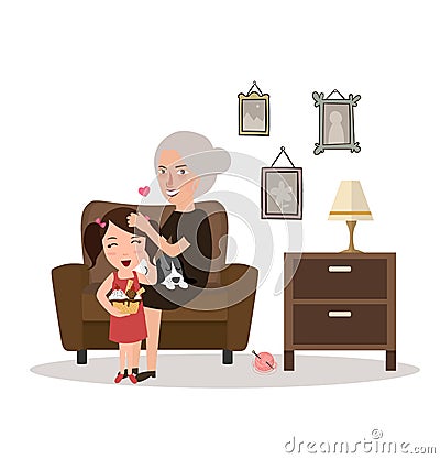 Grandma with her grand daughter sitting in sofa talking while playing teddy bear in living room telling story Vector Illustration