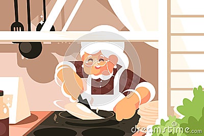 Grandma in kitchen cooking dinner Vector Illustration