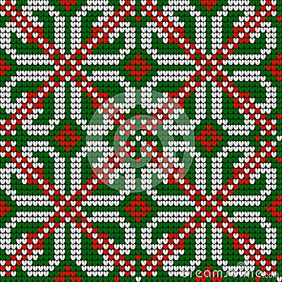 Grandma s Christmas knitting pattern in red, green and white colors Vector Illustration