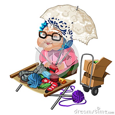 Grandma selling knitted socks. Vector character Vector Illustration