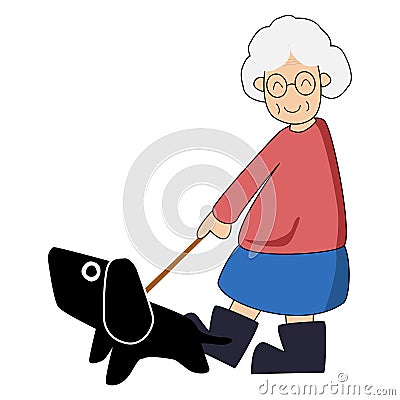 grandma walking with guide dog. Happy owner with pet. Cartoon style. Stock Photo