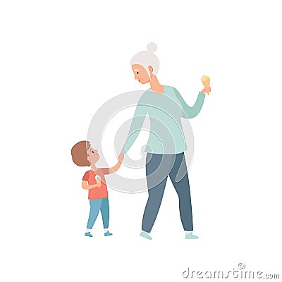 Grandma walking with her little grandson, grandfather spending time playing with grandson vector Illustration on a white Vector Illustration