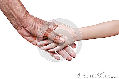 Grandma with wrinkles and little asian girl grandchild shaking hands close up isolated on white background with clipping path Stock Photo