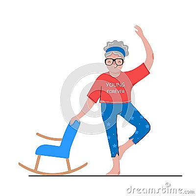 Funny Grandmother Sportswoman in a T-shirt with the inscription Forever young. Grandma is exercising next to the rocking chair. Cartoon Illustration