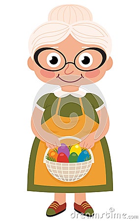 Grandmother with a basket of Easter eggs Vector Illustration