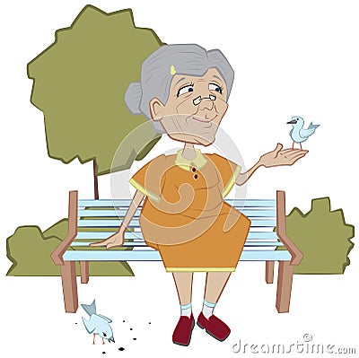 Grandmother on the bench feeding birds Vector Illustration