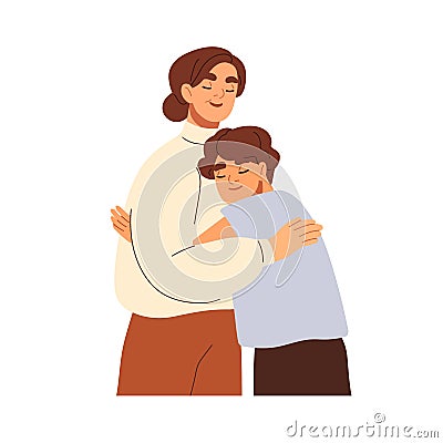 Grandmother and boy child hugging together. Love of grandma and grandchild. Elderly woman and grandson. Happy granny and Vector Illustration