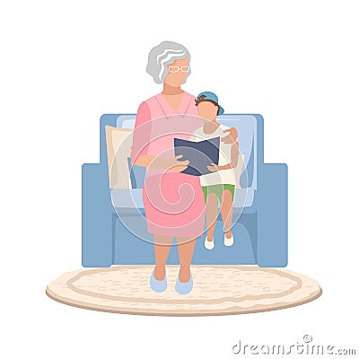 Grandmother sits in an armchair and reads a fairy tale to her grandson or teaches him Vector Illustration