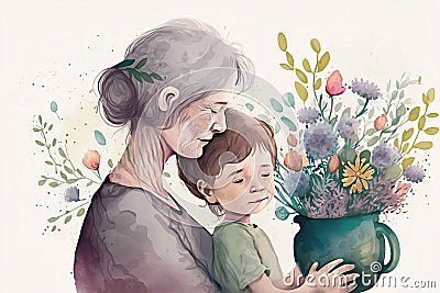 Grandmother and child, smiling and embracing each other, surrounded by flower in background Stock Photo