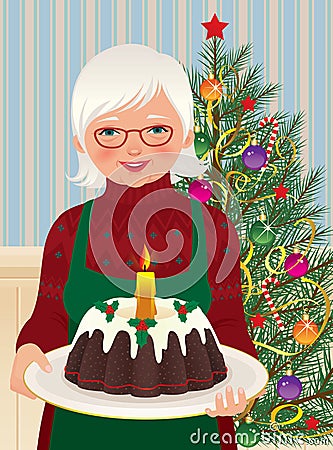 Grandmother and Christmas cake Vector Illustration