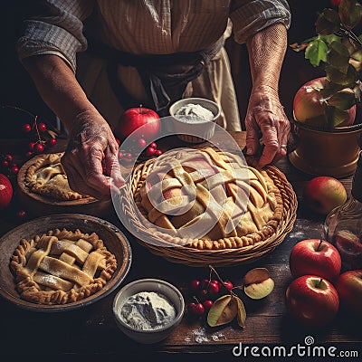 Grandmother cooking apple pie. Generative ai Stock Photo