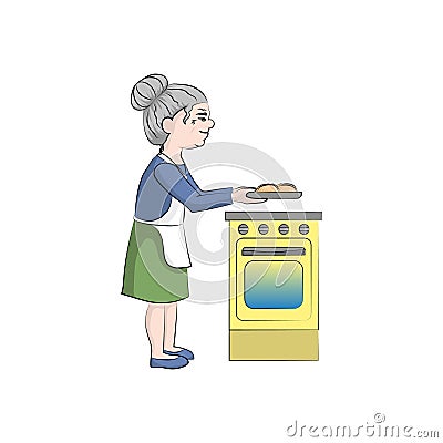 Grandmother cooks pies near the stove. Vector color Cartoon Illustration