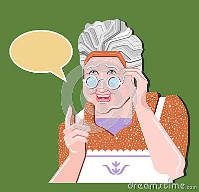 Grandmother gesture.Granny old woman gesture. Retro vector illustration. Pretty old woman in glasses gives an advice.Green backgro Vector Illustration