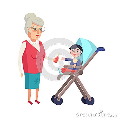 Grandmother Giving Bottle with Pacifier to Toddler Vector Illustration