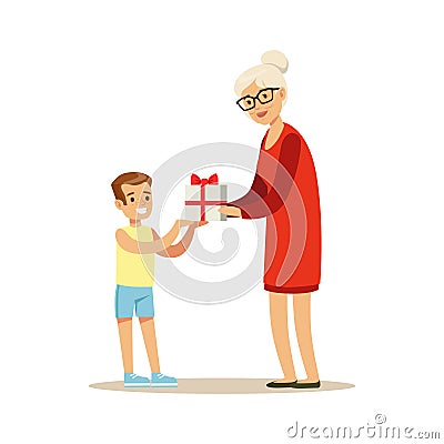 Grandmother giving gift box to her happy grandson colorful characters vector Illustration Vector Illustration