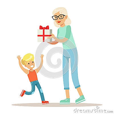 Grandmother Giving Present To Boy, Part Of Grandparents Having Fun With Grandchildren Series Vector Illustration