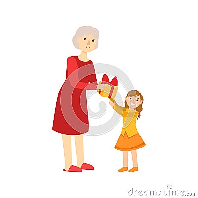 Grandmother Giving Present To Granddaughter, Part Of Grandparent And Grandchild Passing Time Together Set Illustrations Vector Illustration