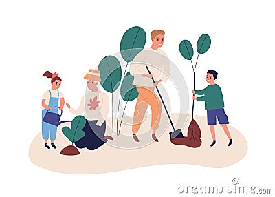 Grandmother with grandchildren plant a garden. Save ecology concept, environment help. Family dig, plant, water, spend Vector Illustration