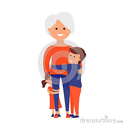 Grandmother with grandchildren, senior woman with children Vector Illustration