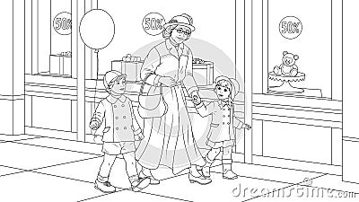 Grandmother with grandchildren for a walk Vector Illustration