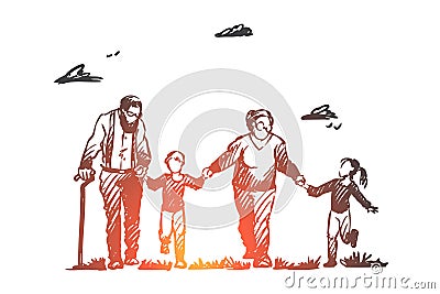 Grandmother, grandfather, grandchildren, family, generation concept. Hand drawn isolated vector. Vector Illustration