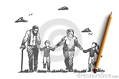 Grandmother, grandfather, grandchildren, family, generation concept. Hand drawn isolated vector. Vector Illustration