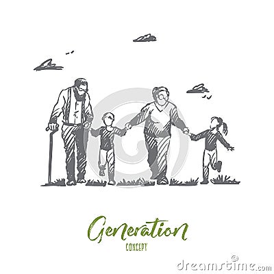 Grandmother, grandfather, grandchildren, family, generation concept. Hand drawn isolated vector. Vector Illustration