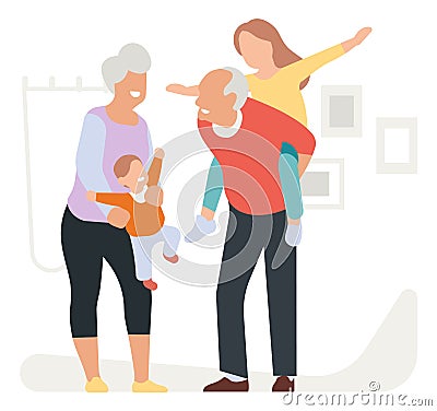 Grandmother and grandfather playing with children. Big lovely family Vector Illustration