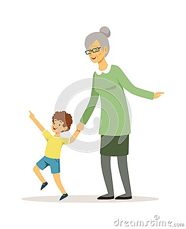 Grandmother and grandson. Happy family walking, baby boy and elderly woman. Smiling child with woman vector characters Vector Illustration