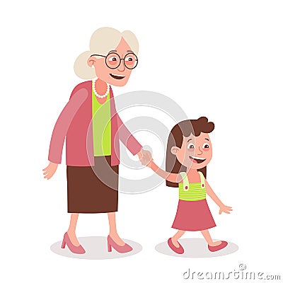 Grandmother with her granddaughter walking Vector Illustration