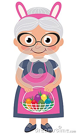 Grandmother holding a basket with Easter eggs Vector Illustration